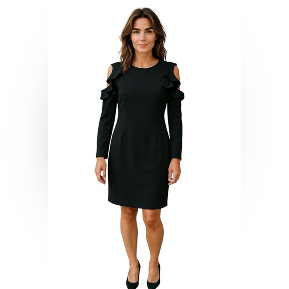Calvin Klein Women’s Black Size 12 Ruffle Long Sleeves Cold Shoulder Dress - Picture 3 of 4